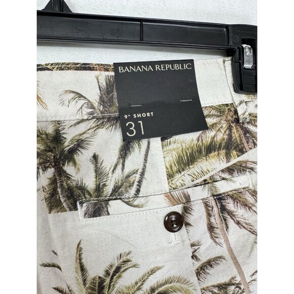 Banana Republic Linen Blend 9" Shorts Mens 31 Cream Green Palm Pleated Front NEW - Picture 4 of 11